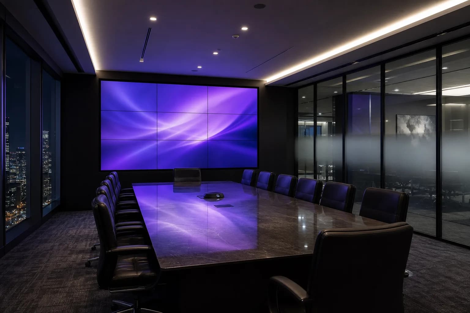 Professional AV showroom with speakers, conference audio, and display systems
